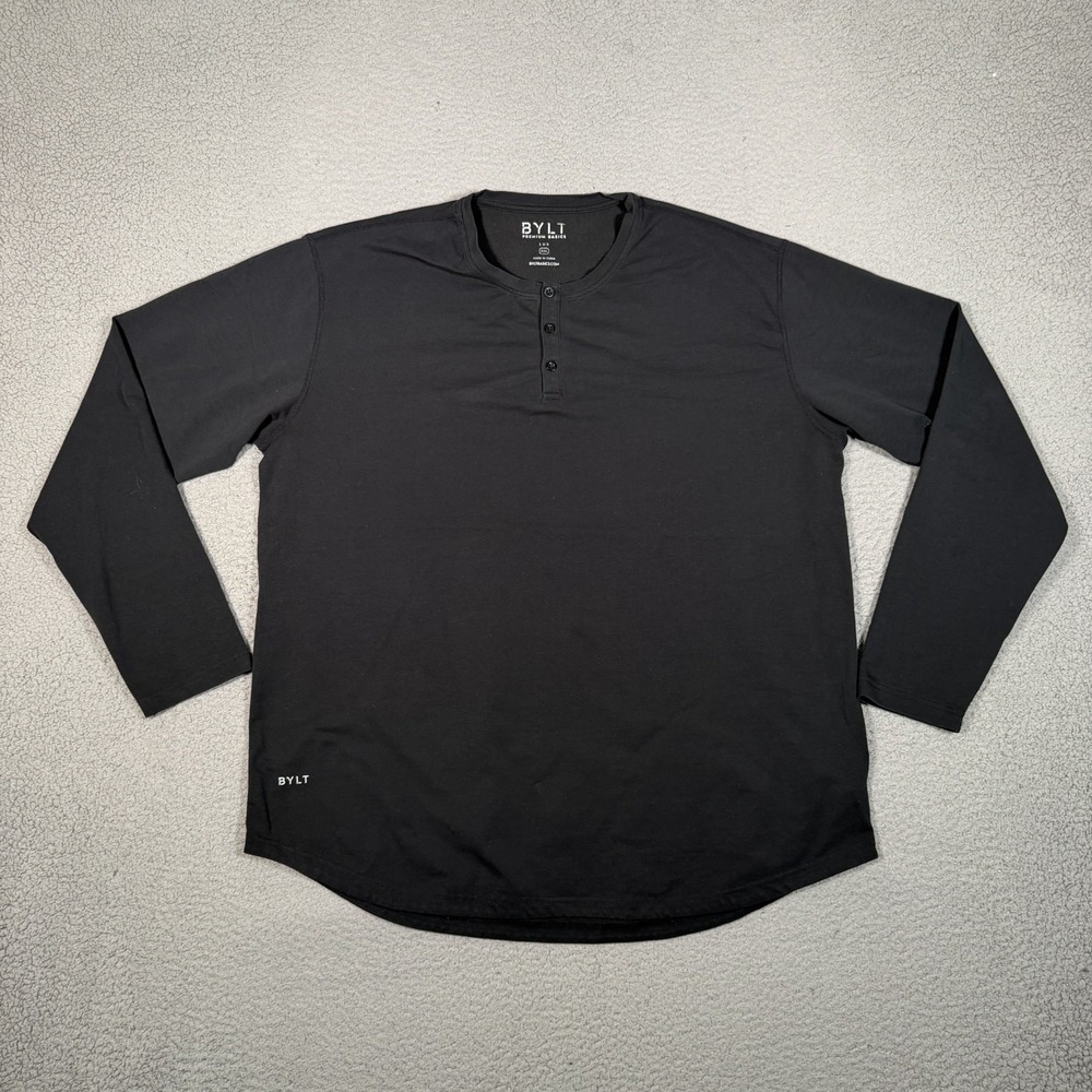 BYLT Shirt Mens XXL Black Lux Henley Drop Cut Long Sleeve Casual Preppy Lux Logo